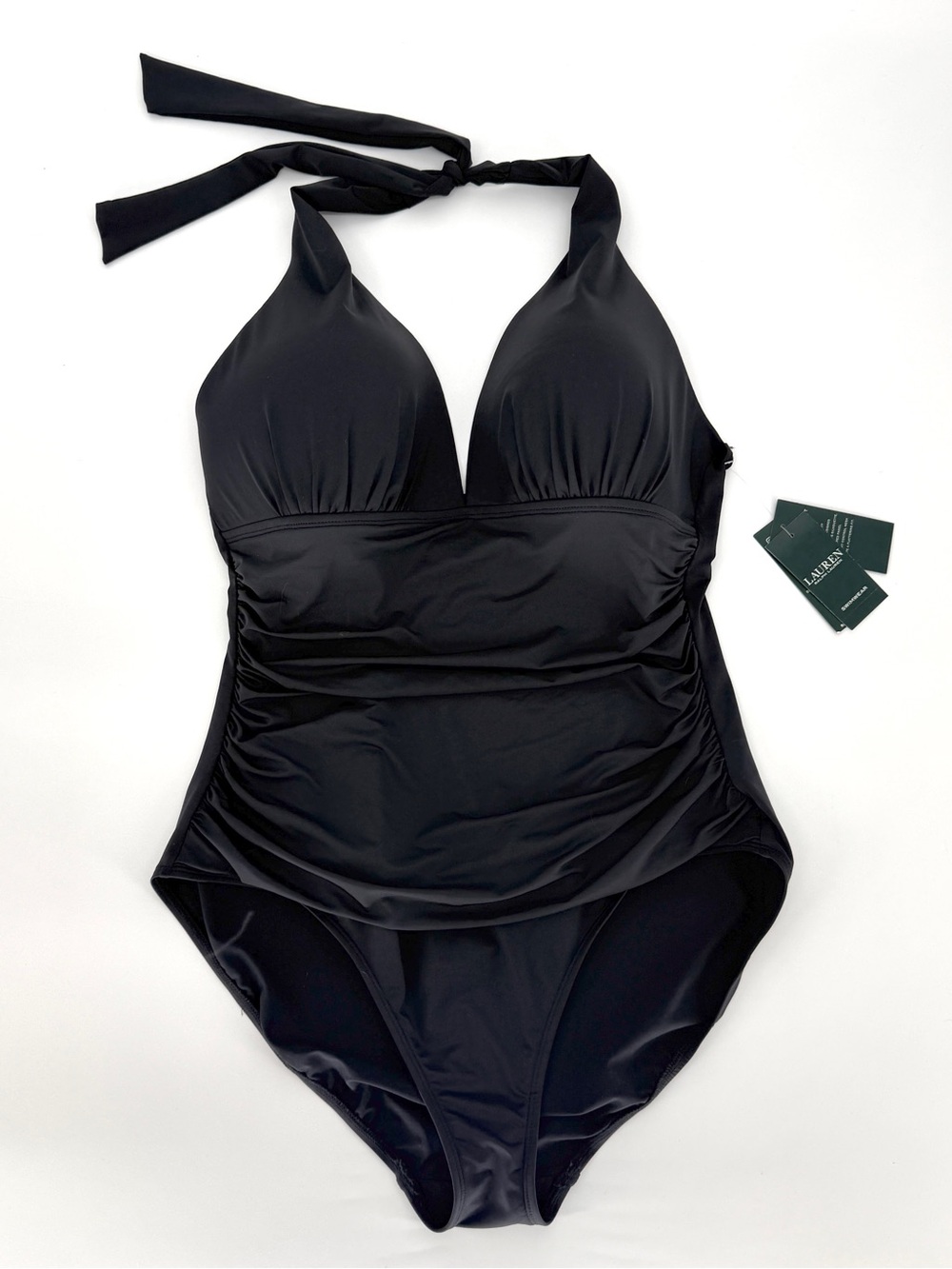 NWT Ralph Lauren Black Halter V-neck Ruched One-Piece Swimsuit 14 Slimming Fit